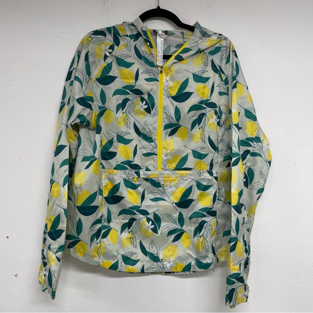 Oiselle White Green & Yellow Lemon Print Pullover Rain Jacket Womens L